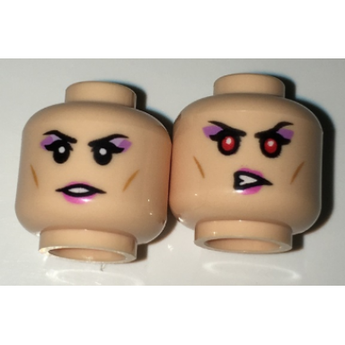light nougat minifigure head dual sided female with black eyebrows purple eye shadow and pink lips neutral red eyes pattern