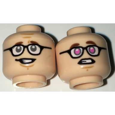 light nougat minifigure head dual sided black glasses reddish brown eyebrows sheepish grin dark pink eyes pattern