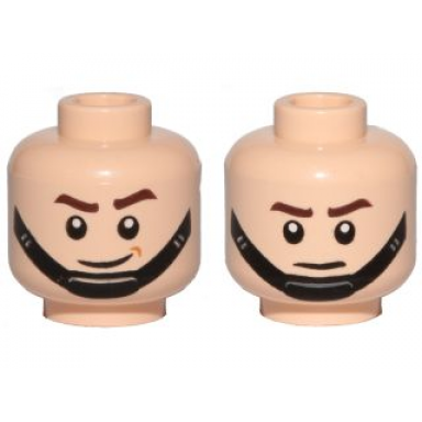 light nougat minifigure head dual sided sw brown eyebrows black chin strap smile frown pattern
