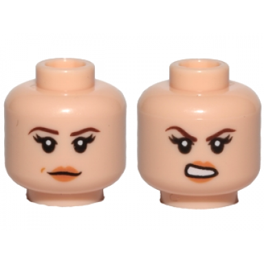 light nougat minifigure head dual sided female dark brown eyebrows black eyelashes nougat lips neutral with dimple open mouth scowl with teeth pattern