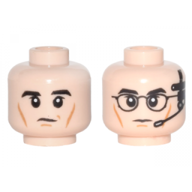 light nougat minifigure head dual sided black eyebrows and cheek lines left eyebrow raised black glasses and headset with microphone pattern