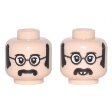 light nougat minifigure head dual sided black glasses with white lenses sideburns and moustache neutral smiling pattern john