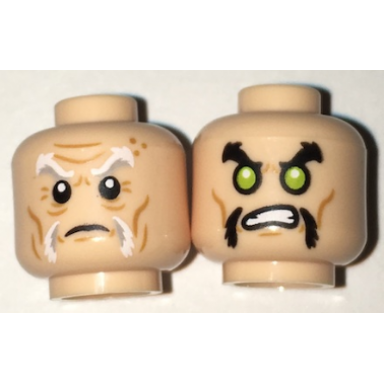light nougat minifigure head dual sided white and gray eyebrows moustache fu manchu wrinkles lime eyes black eyebrows pattern