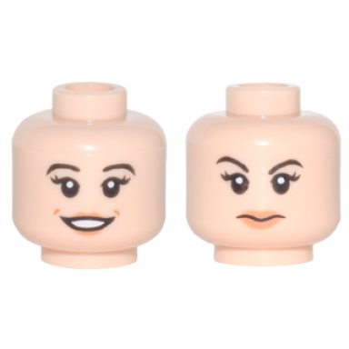 light nougat minifigure head dual sided female black eyebrows and long eyelashes nougat lips open smile closed mouth eyebrow raised pattern