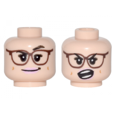 light nougat minifigure head dual sided female reddish brown glasses bright pink lips crooked smile and raised eyebrow open mouth angry pattern