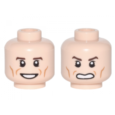 light nougat minifigure head dual sided reddish brown eyebrows cheek lines open mouth smile scowl pattern newt