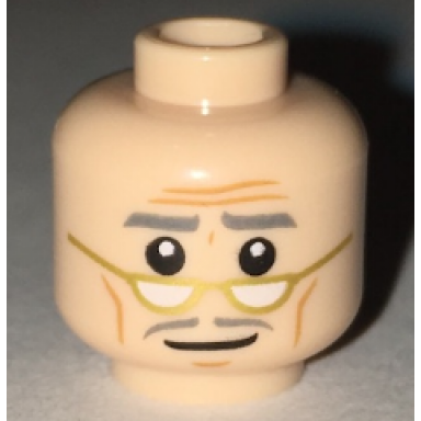 light nougat minifigure head forehead lines dark bluish gray eyebrows and moustache gold lowered eyeglasses pattern