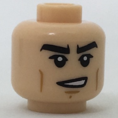 light nougat minifigure head black thick eyebrows brown cheek lines lopsided open mouth grin pattern
