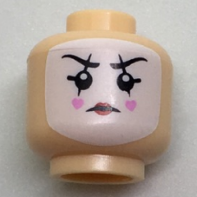 light nougat minifigure head white face paint black lines through eyebrows and eyes bright pink hearts on cheeks pattern