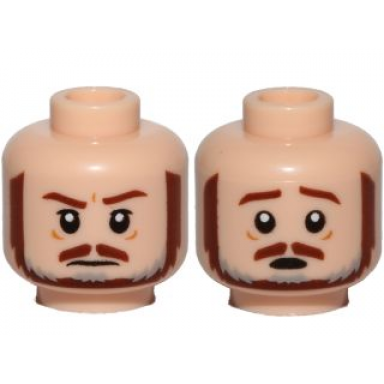 light nougat minifigure head dual sided brown and gray beard brown eyebrows moustache white pupils frown scared pattern sw qui-gon
