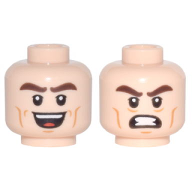 light nougat minifigure head dual sided thick dark brown eyebrows dark orange cheek lines open mouth smile bared teeth angry pattern kite man