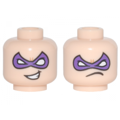 light nougat minifigure head dual sided dark purple eye mask pointed crooked mouth grin frown pattern riddler