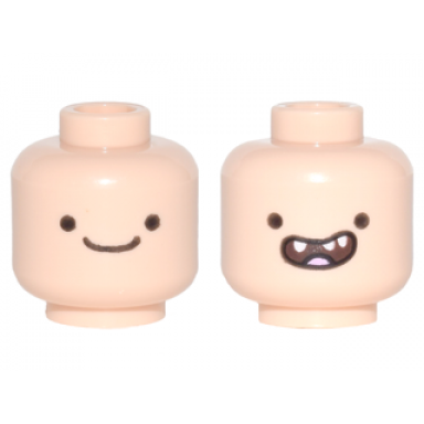 light nougat minifigure head dual sided small black wide set eyes smile open mouth smile with tongue and 3 teeth pattern finn the human