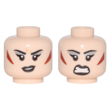 light nougat minifigure head dual sided female silver eye shadow dark red triangular cheek patches smile barred teeth angry pattern magpie