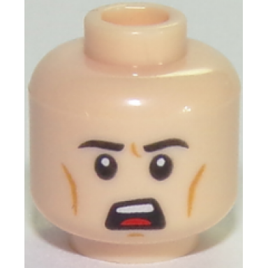 light nougat minifigure head male black eyebrows white pupils chin dimple open mouth scowl pattern