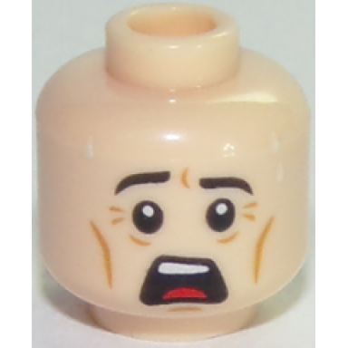 light nougat minifigure head male black eyebrows white pupils chin dimple cheek lines sweat drops open mouth surprised scared pattern