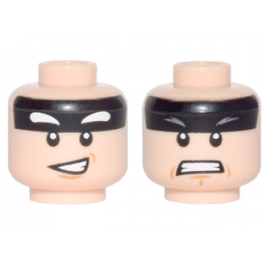 light nougat minifigure head dual sided black headband squinted batman eyes medium nougat chin dimple lopsided open mouth smile angry bared teeth pattern
