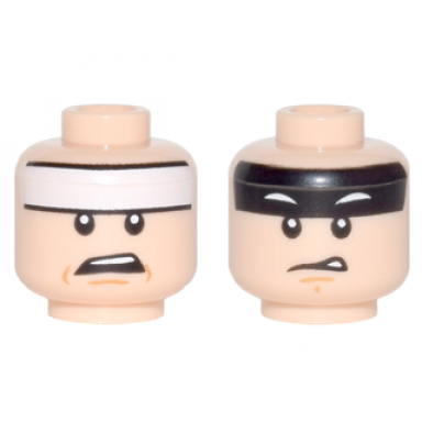 light nougat minifigure head dual sided white headband and worried black headband and squinted batman eyes disgusted pattern batman