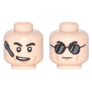light nougat minifigure head dual sided black eyebrows cheek lines headset and crooked smile black sunglasses with reflections pattern
