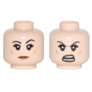 light nougat minifigure head dual sided female black eyebrows eyelashes medium nougat cheek dimples dark orange lips neutral open mouth angry with teeth parted pattern