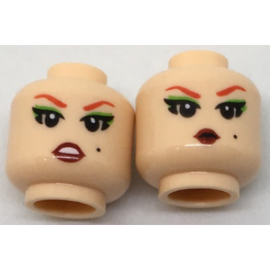 light nougat minifigure head dual sided female red eyebrows green eye shadow worried pursed lips pattern