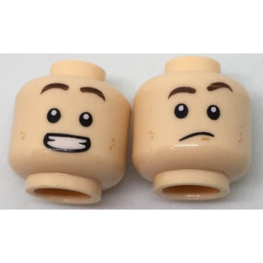 light nougat minifigure head dual sided dark brown eyebrows dark orange dimples confused smile with teeth pattern