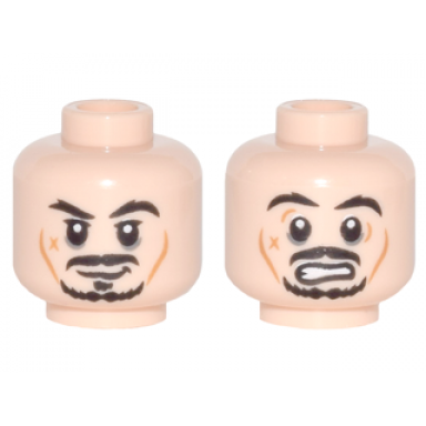 light nougat minifigure head dual sided potc jack sparrow black moustache and goatee cheek lines x shaped scar smile scared pattern