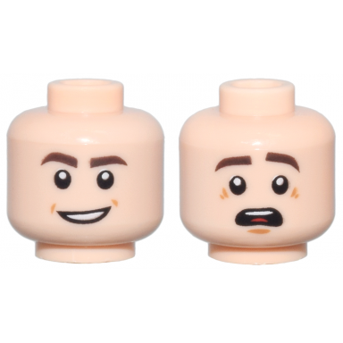 light nougat minifigure head dual sided dark brown eyebrows open mouth smile scared with top teeth and red tongue pattern