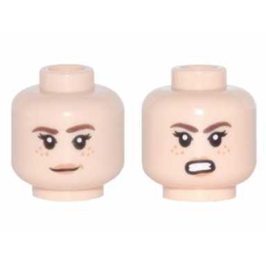 light nougat minifigure head dual sided female potc reddish brown eyebrows nougat freckles and lips slight smile bared teeth angry pattern