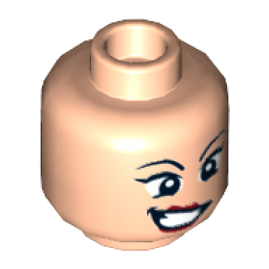 light nougat minifigure head female wide eyes red lips crooked grin with teeth pattern