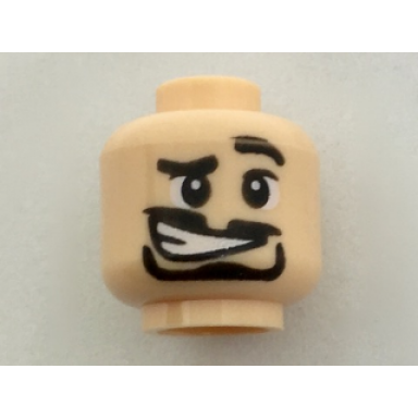 light nougat minifigure head black eyebrows left raised eyebrow black goatee white eyes with black pupils crooked grin pattern