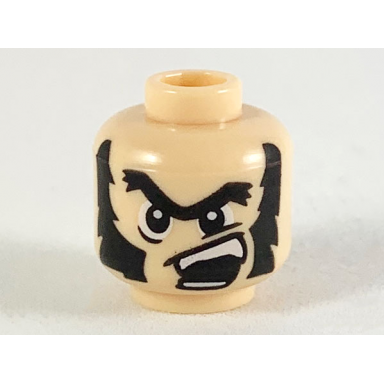 light nougat minifigure head bushy black unibrow and long thick sideburns off-center scowl patternd