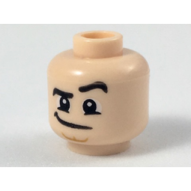 light nougat minifigure head black eyebrows left raised lopsided grin dark orange cleft chin pattern