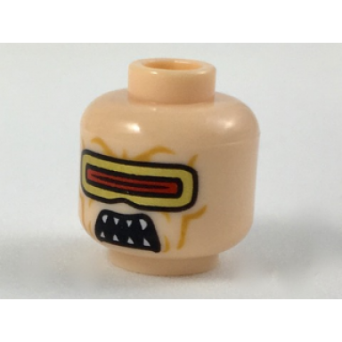 light nougat minifigure head alien with gold and red visor black open mouth with white sharp teeth pattern