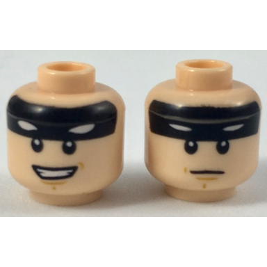 light nougat minifigure head dual sided black headband with squinted batman eyes neutral grin pattern