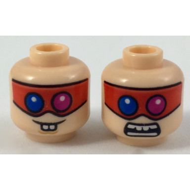 light nougat minifigure head dual sided red eye mask with blue and red eyes buck teeth neutral scared pattern