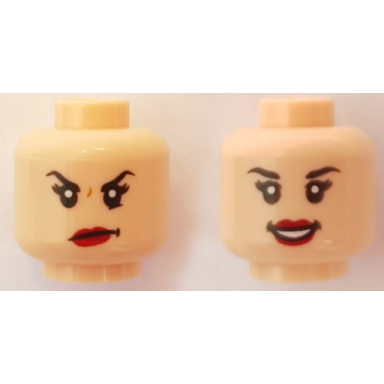 light nougat minifigure head dual sided female black eyebrows eyelashes red lips annoyed open mouth smile pattern