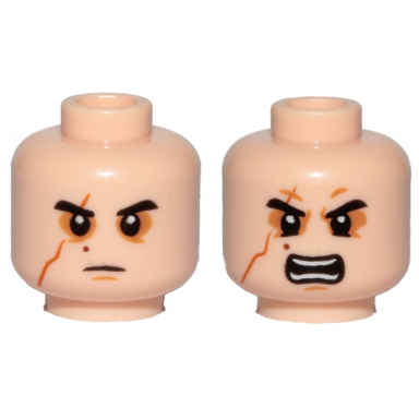 light nougat minifigure head dual sided sw black eyebrows sunken eyes red beauty mark mole right eye scar neutral angry pattern kylo ren