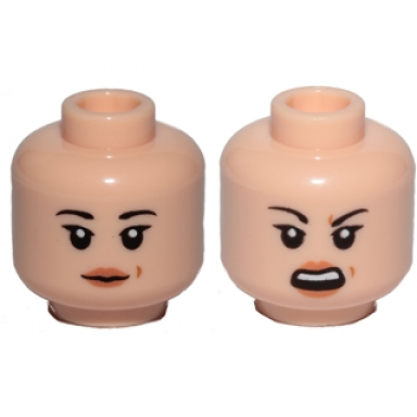 light nougat minifigure head dual sided female black eyebrows light orange lips and beauty mark neutral angry pattern sw rose