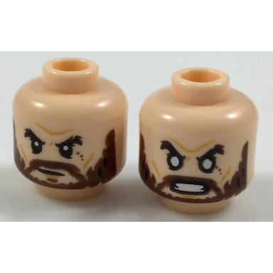 light nougat minifigure head dual sided black eyebrows reddish brown beard neutral angry with white eyes pattern