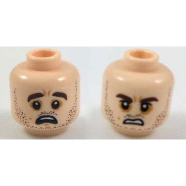 light nougat minifigure head dual sided dark brown eyebrows and stubble dark orange around eyes scared sneer pattern