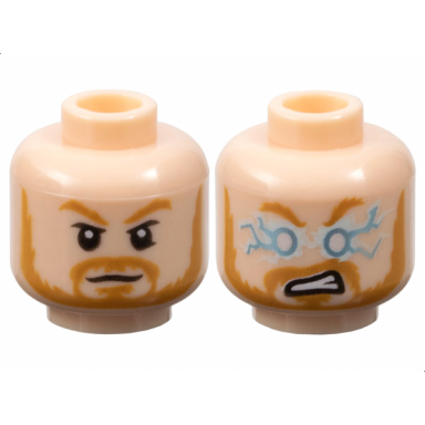 light nougat minifigure head dual sided medium nougat eyebrows moustache and beard neutral metallic light blue and white lightning eyes and angry open mouth with teeth pattern