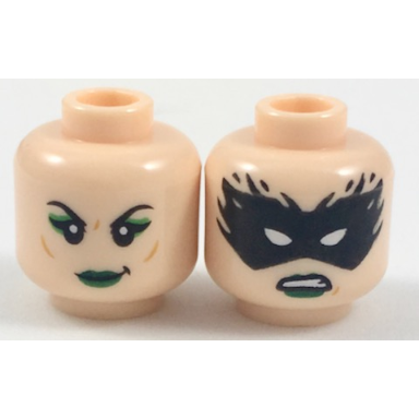 light nougat minifigure head dual sided female black eyebrows green lips smirk with green eye shadow black eye mask with white eye holes pattern