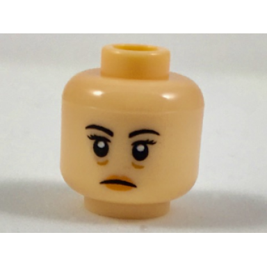light nougat minifigure head female black eyebrows peach lips medium nougat bags under eyes pattern