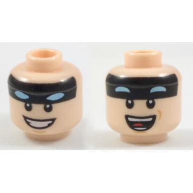 light nougat minifigure head dual sided black headband with squinted batman eyes smile with teeth open mouth with teeth and tongue pattern