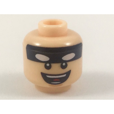 light nougat minifigure head black headband with white batman eyes open mouth smile pattern