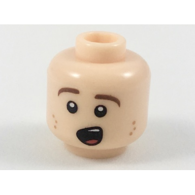 light nougat minifigure head reddish brown eyebrows dark orange freckles singing pattern