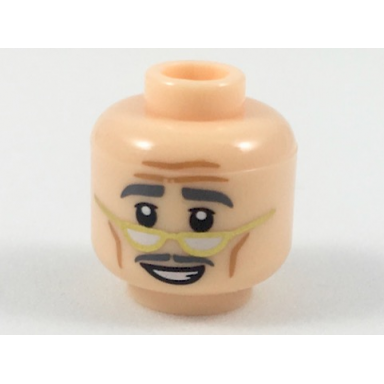 light nougat minifigure head forehead lines dark bluish gray eyebrows and moustache gold lowered eyeglasses smiling pattern