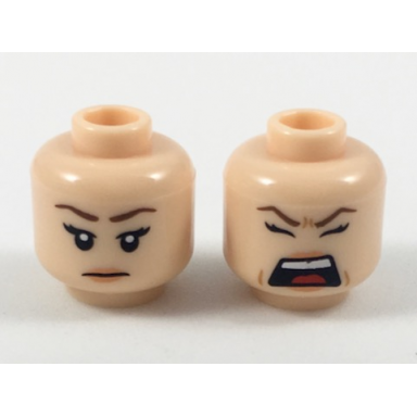 light nougat minifigure head dual sided female reddish brown eyebrows bright pink lips neutral screaming pattern