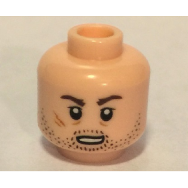 light nougat minifigure head male brown stubble dark brown eyebrows oval mouth and scar pattern sw dj